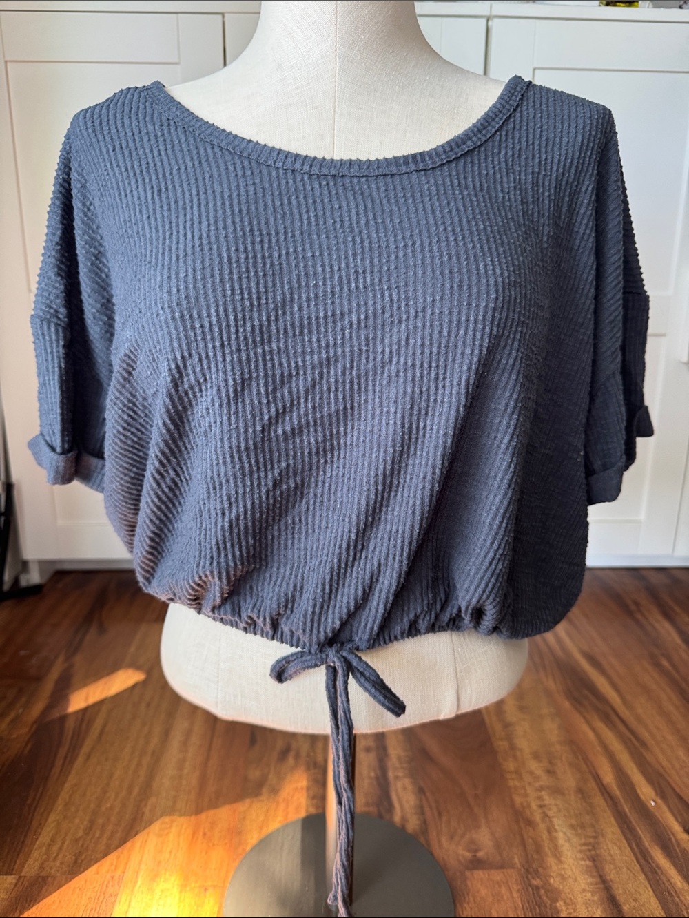 Aeropostale Slate Blue Waffle Knit Drawstring Crop Top